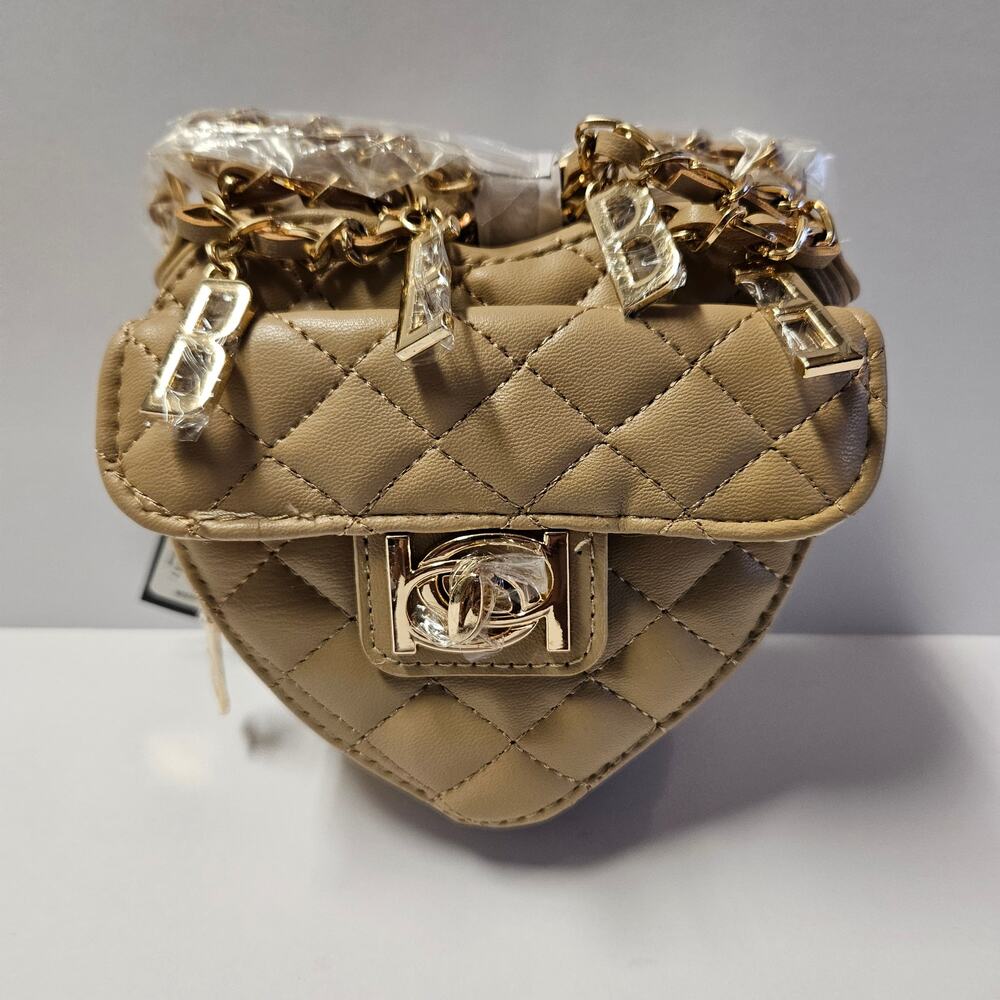 Bebe Solana Quilted Heart Crossbody Beige Gold Chain Bag